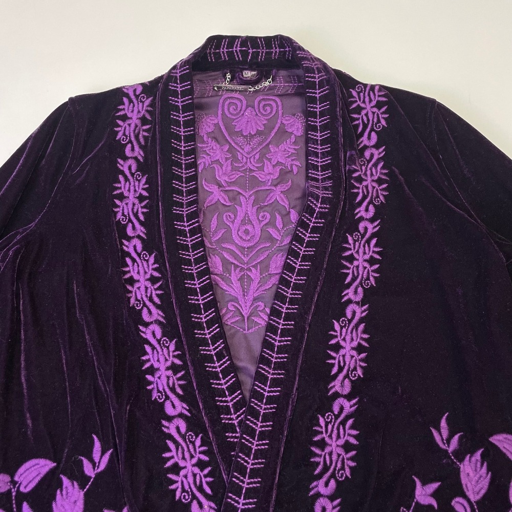 Paparazzi Purple Velvet Embroidered Open Front Cardigan Jacket M Boho - Picture 8 of 16